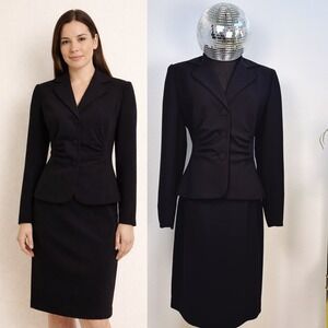 Kay Unger Ruched Black Skirt Suit, Women Size 8, Blazer and Pencil Skirt
